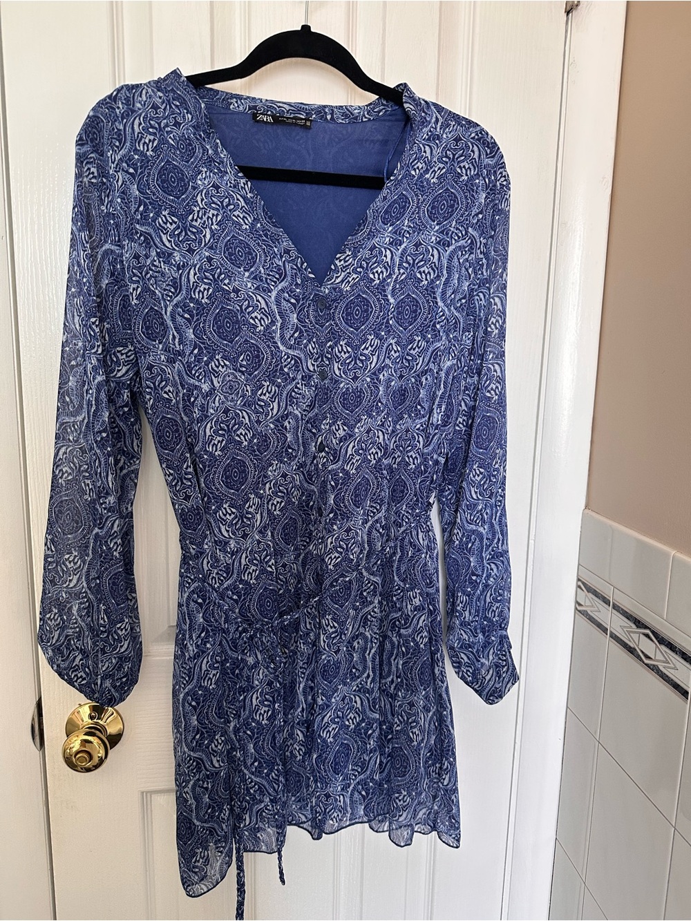 Zara Blue Paisley V-Neck Tie-Waist Tunic